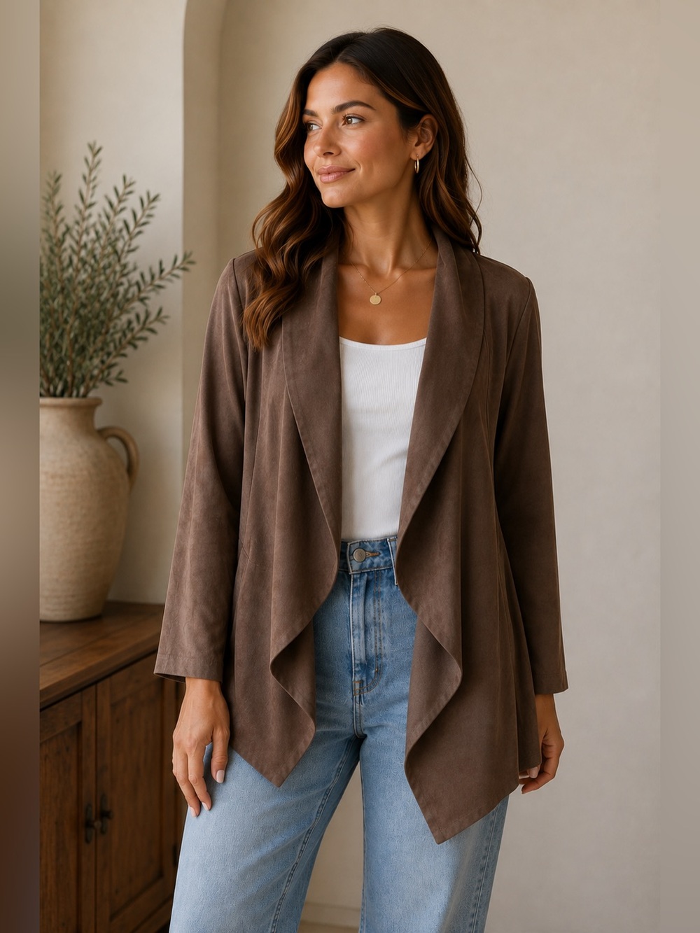 Soft Surroundings Women’s Shape Drape Faux Brown Suede Cardigan